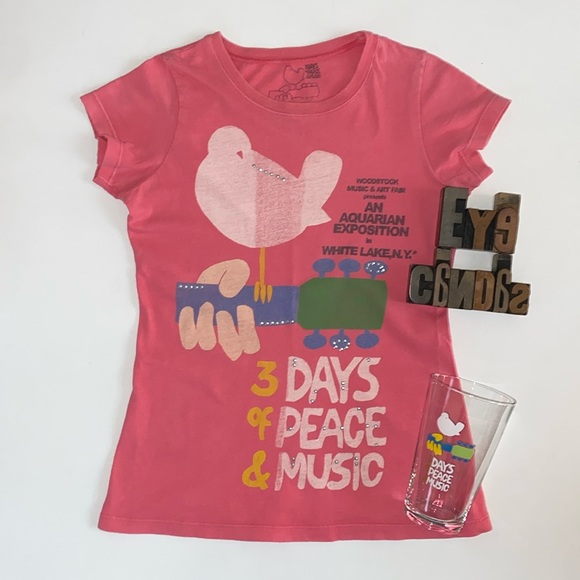 ☮️WOODSTOCK VENTURES “3 Days of Peace🕊️& Music🎸” Kid’s T-Shirt & Glass - Picture 2 of 16